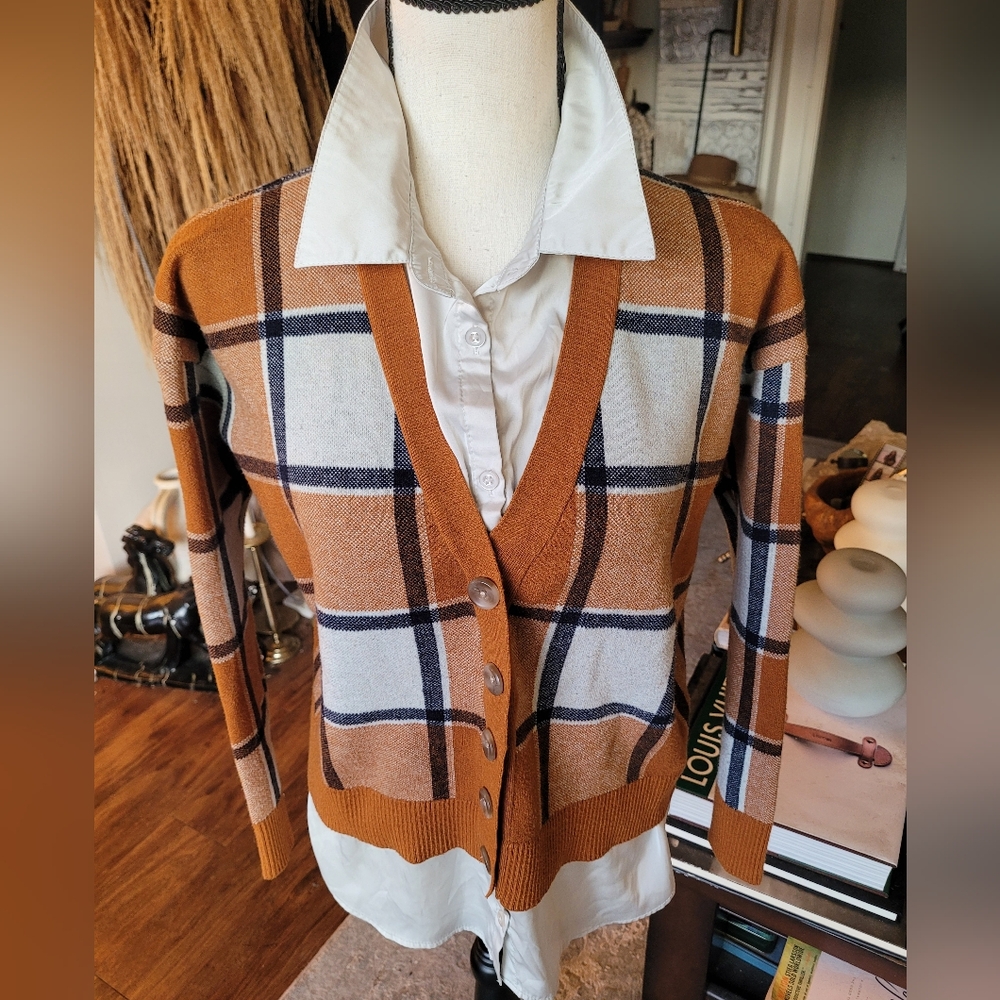 Rachel Zoe Brown Plaid Cardigan Sweater